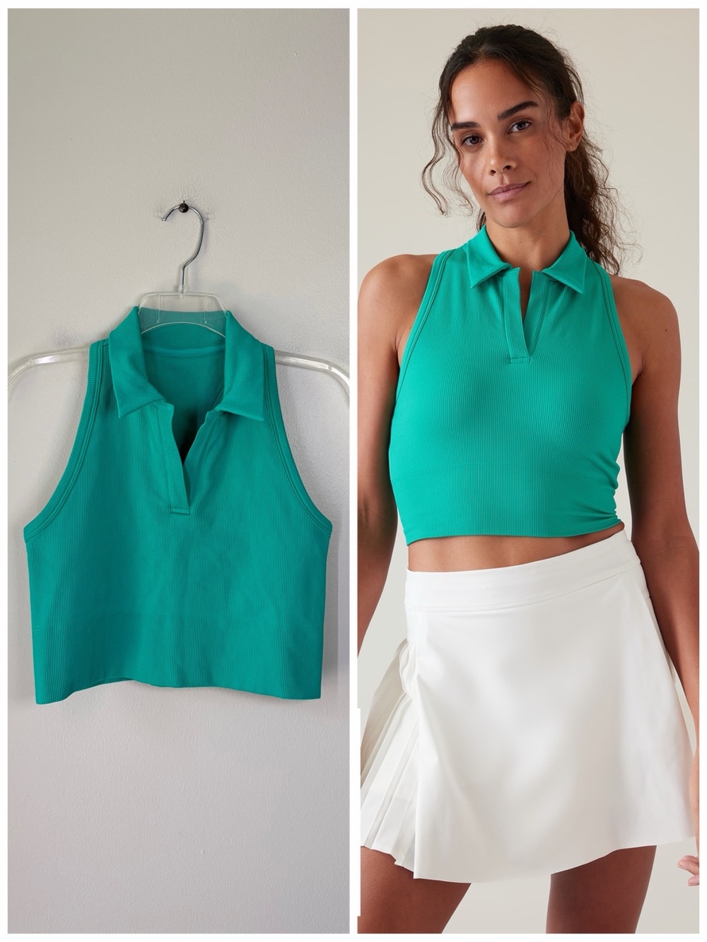 Athleta Teal Green Aurora Seamless Ribbed Crop Polo Tank Stretch Athleisure